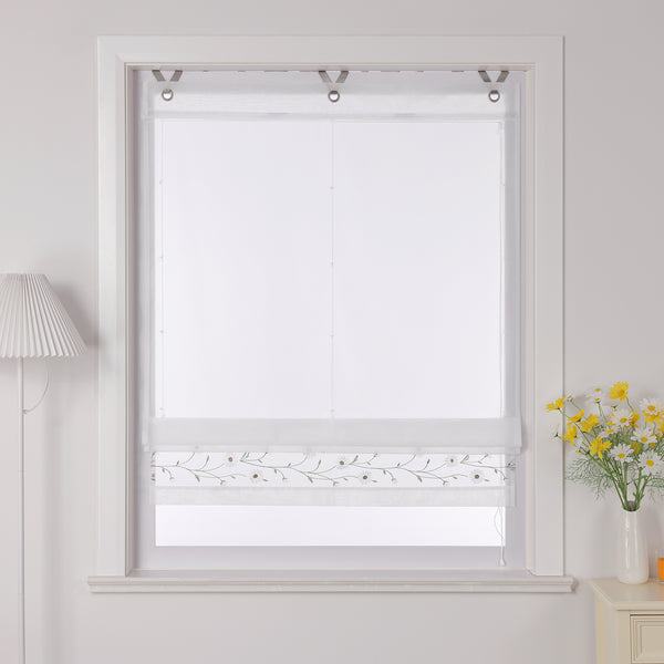 Raffrollo Voile Raffgardinen mit Schlaufen Küche Fenster Vorhänge mit Blumenmuster Stickerei Transparent Weiß 1 Stück