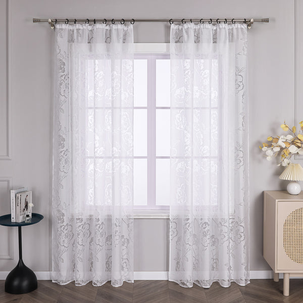 Vorhang mit Kräuselband Voile Gardine Ausbrenner mit Rosenmuster Fensterschal Transparent Weiß 1 Stück