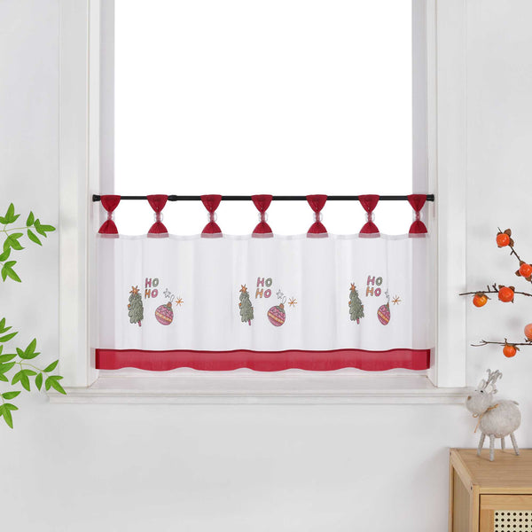 Scheibengardine Weihnachten Transparent Polyester mit rotem Rand und Stickerei Tannenbaum Weihnachtskugeln - Joyswahl