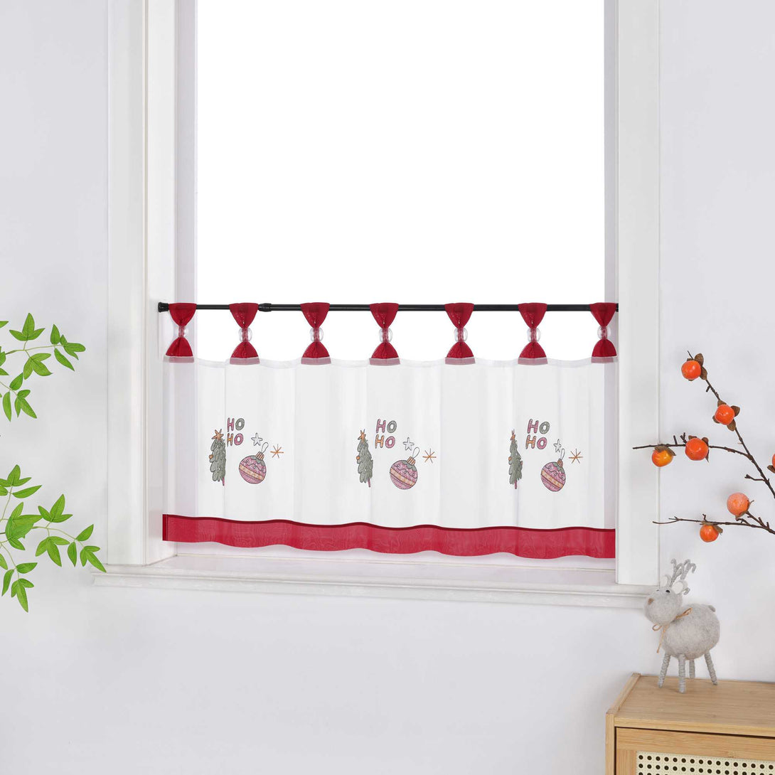 Scheibengardine Weihnachten Transparent Polyester mit rotem Rand und Stickerei Tannenbaum Weihnachtskugeln - Joyswahl
