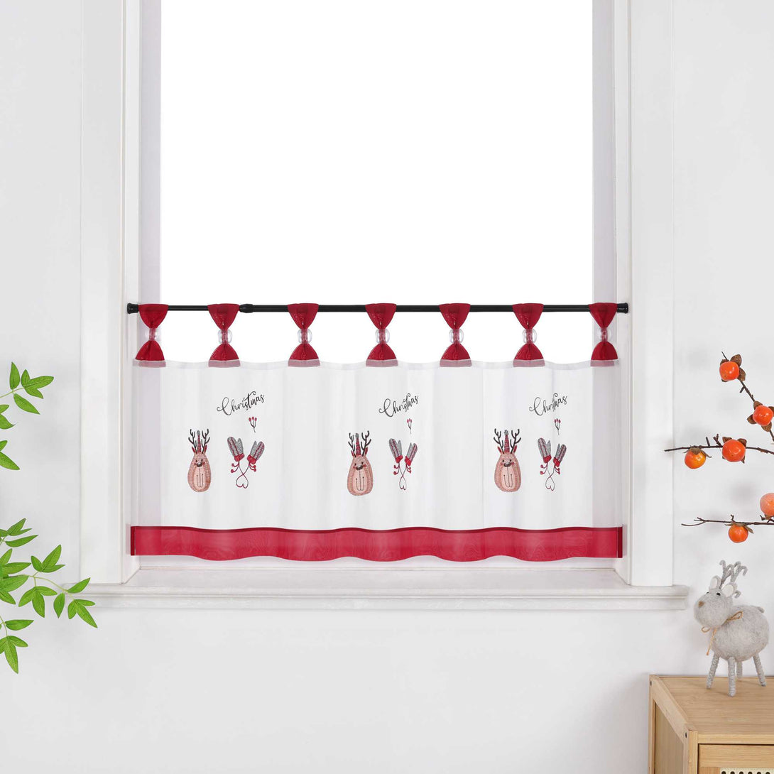 Scheibengardine Weihnachten Transparent mit rotem Rand und Weihnachts Stickerei - Joyswahl