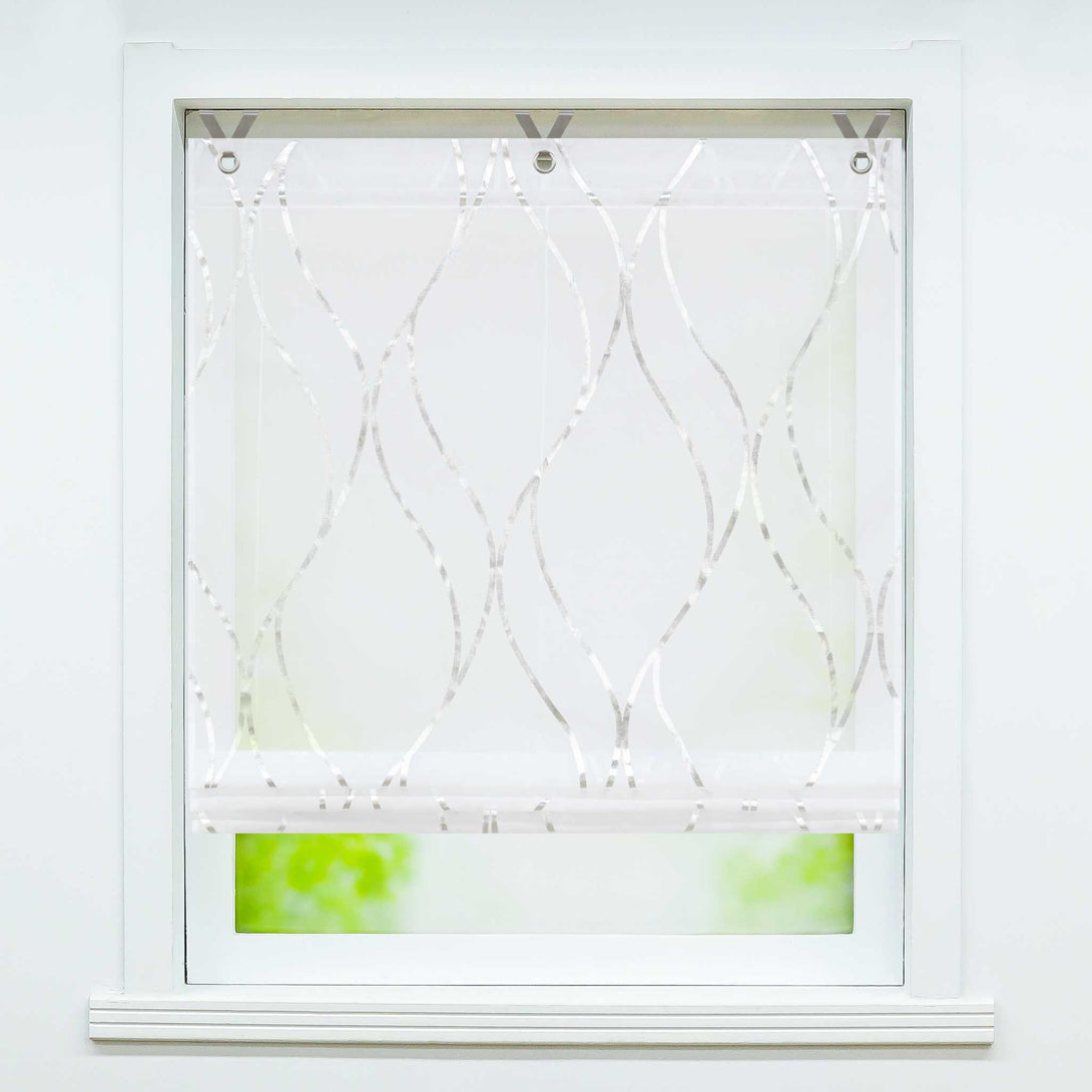 Rollos mit Ösen Gardinen Küche Raffgardinen Transparent Ösenrollo Vorhänge Mit Wellen-Druck Modern Voile 1 Stück - Joyswahl