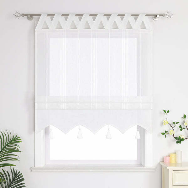 Weiße Raffrollo-Gardinen mit Quasten und Schlaufen, halbgeschlossene Vorhänge können Fenster nicht vollständig abdecken, - perfekt für eine stilvolle Fensterdekoration.