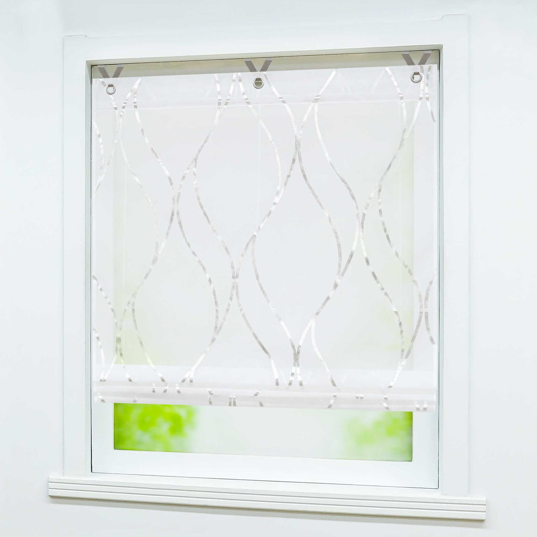 Rollos mit Ösen Gardinen Küche Raffgardinen Transparent Ösenrollo Vorhänge Mit Wellen-Druck Modern Voile 1 Stück - Joyswahl