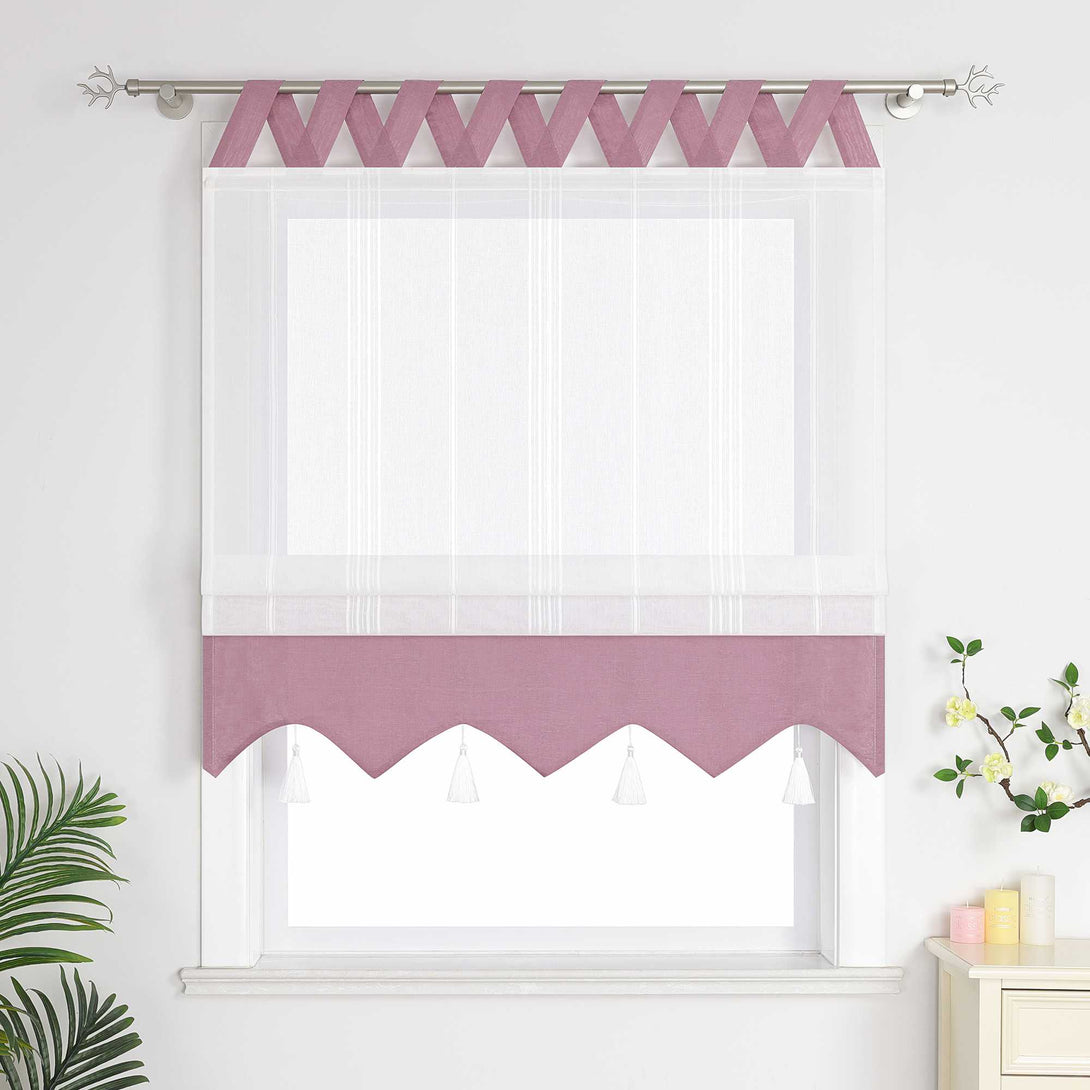 lila und weisse Raffrollo Gardine mit Quasten und Schlaufen, halbgeschlossene Vorhänge können Fenster nicht vollständig abdecken, - perfekt für eine stilvolle Fensterdekoration.