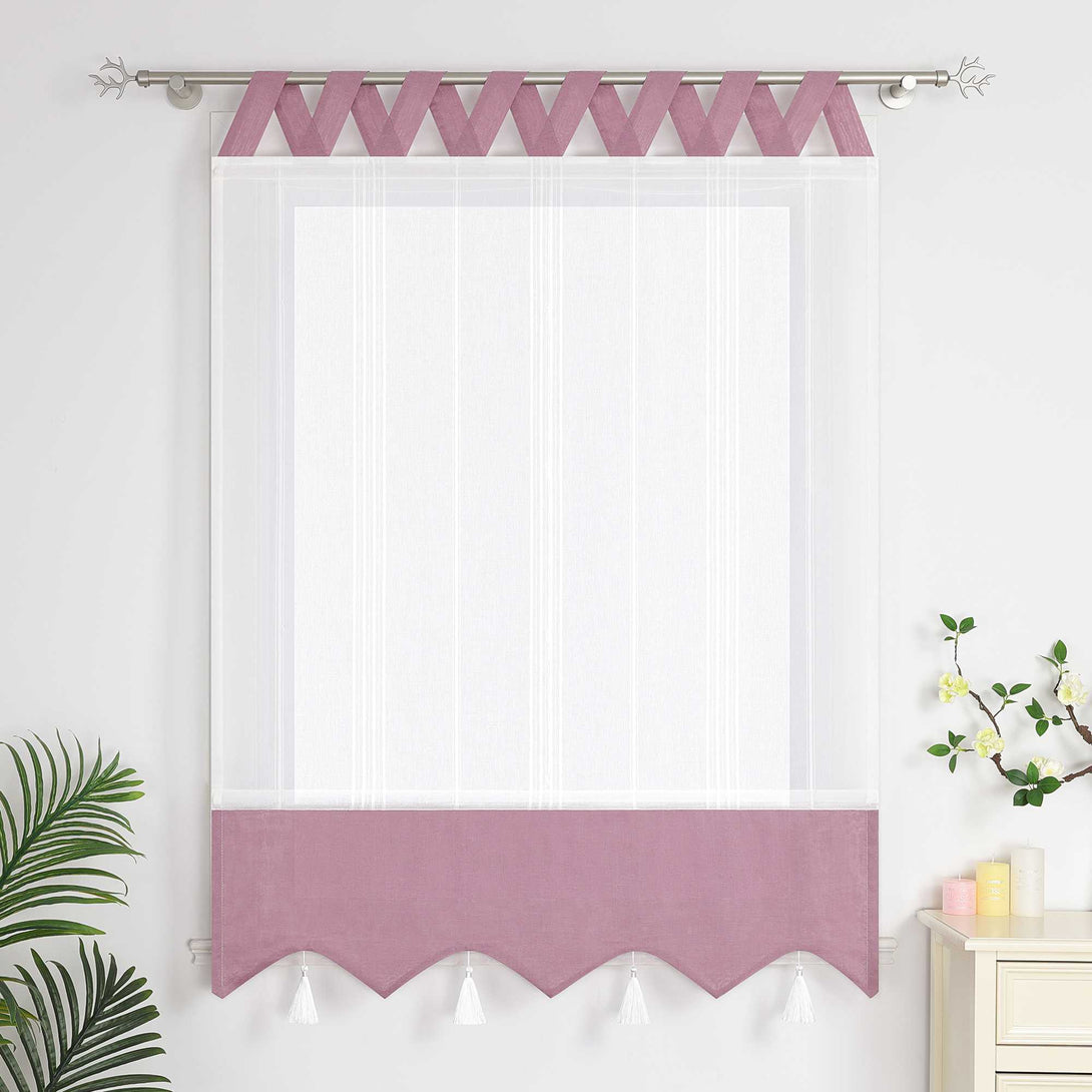 lila und weisse Raffrollo Gardine mit Quasten und Schlaufen, vollständig geschlossene Raffrollo-Gardinen zur vollständigen Abdeckung des Fensters - perfekt für eine stilvolle Fensterdekoration.